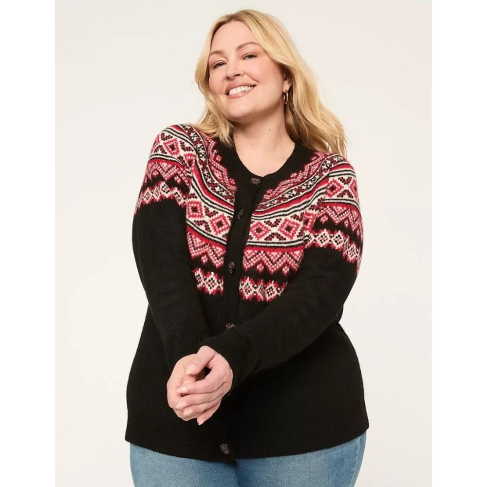 LANE BRYANT Black Fair Isle Plus Sz 26/28 Soft Stretchy Cardigan Sweater NEW NWT